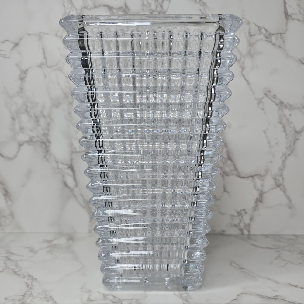 Heavy Clear Crystal Ribbed Tapered Rectangular Vase 10 Inch Modern Decor